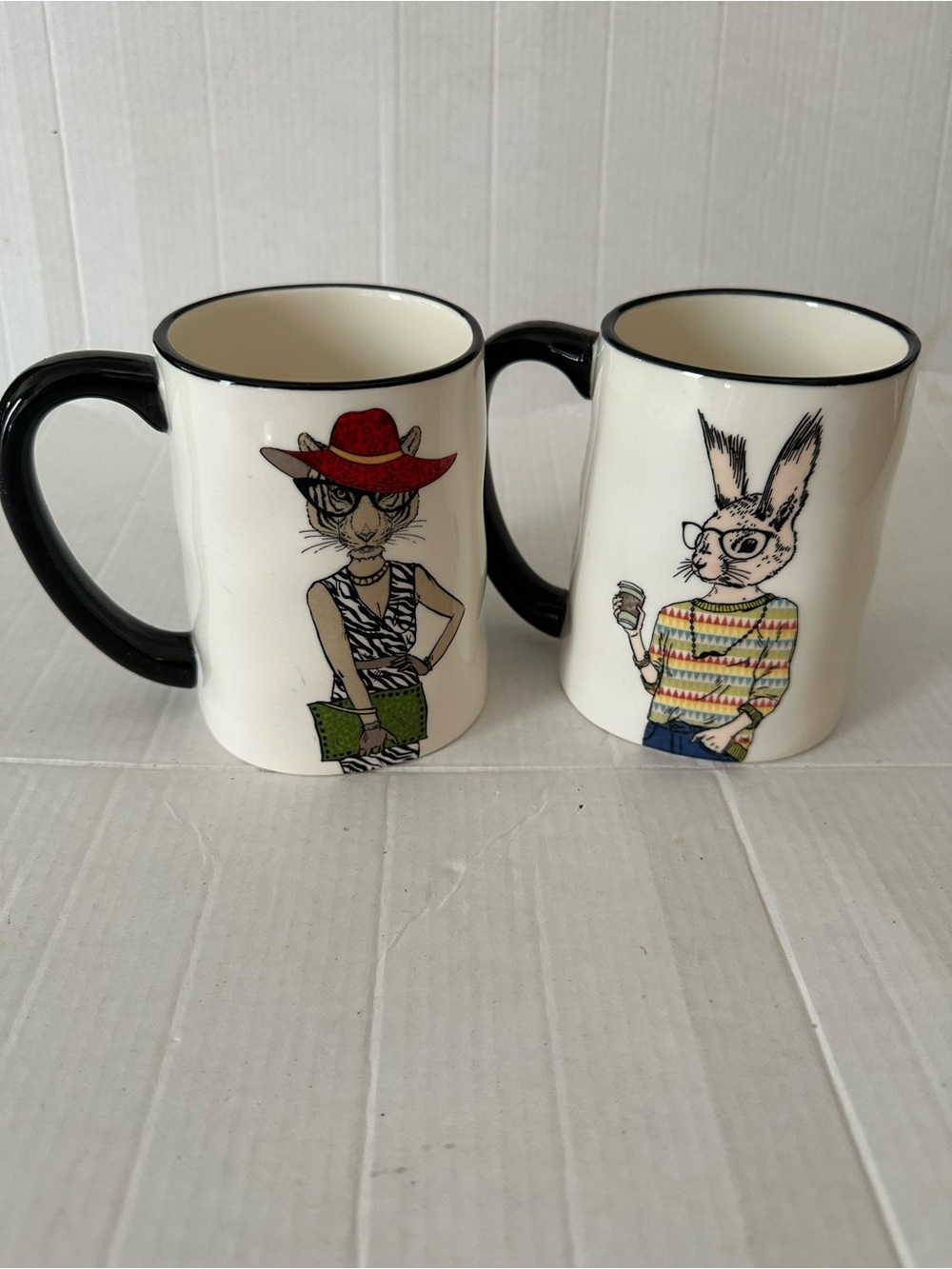 Signature Housewares Hipster Animal Mugs Set of 2 Tiger Rabbit 16 oz Stoneware